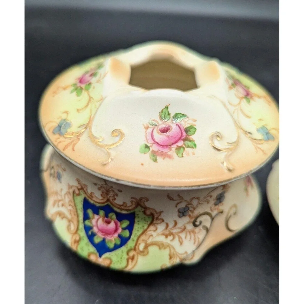 Set/2 Vintage CROWN DUCAL WARE Covered Dresser Box Hair Receiver Verona‎ Rose